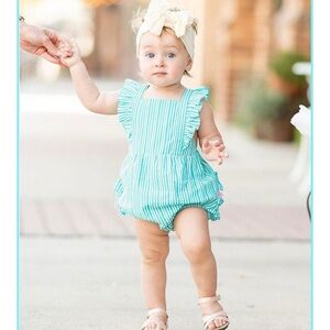 NWT Ruffle Butts Bella Aqua Blue Stripe Bubble Romper W/ Headband Sz 6-12M